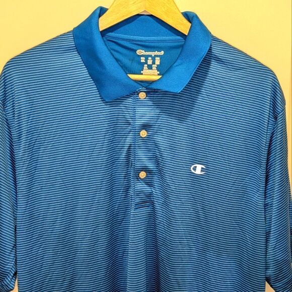 $5 Item! EUC Champion 2XL Men's Striped Blue and White Golf Polo - Picture 3 of 4